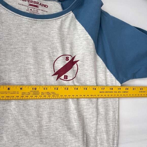 Superbrand Baseball T-Shirt 3/4 Sleeve Raglan Tee Crewneck Gray & Blue Womens M - Picture 5 of 8